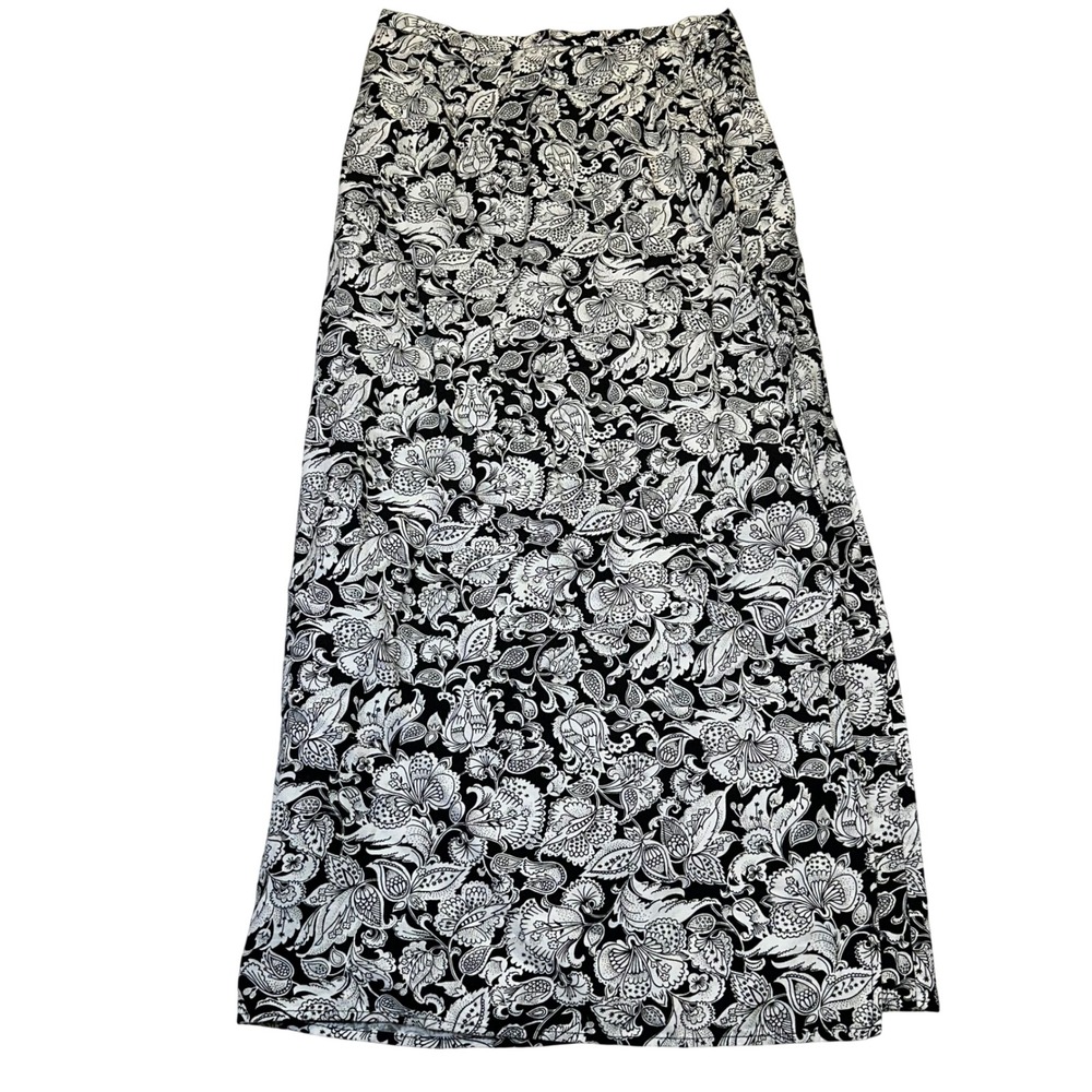 Talbots Maxi Skirt Women 8 Black White Floral‎ Paisley Linen Blend Boho Coastal